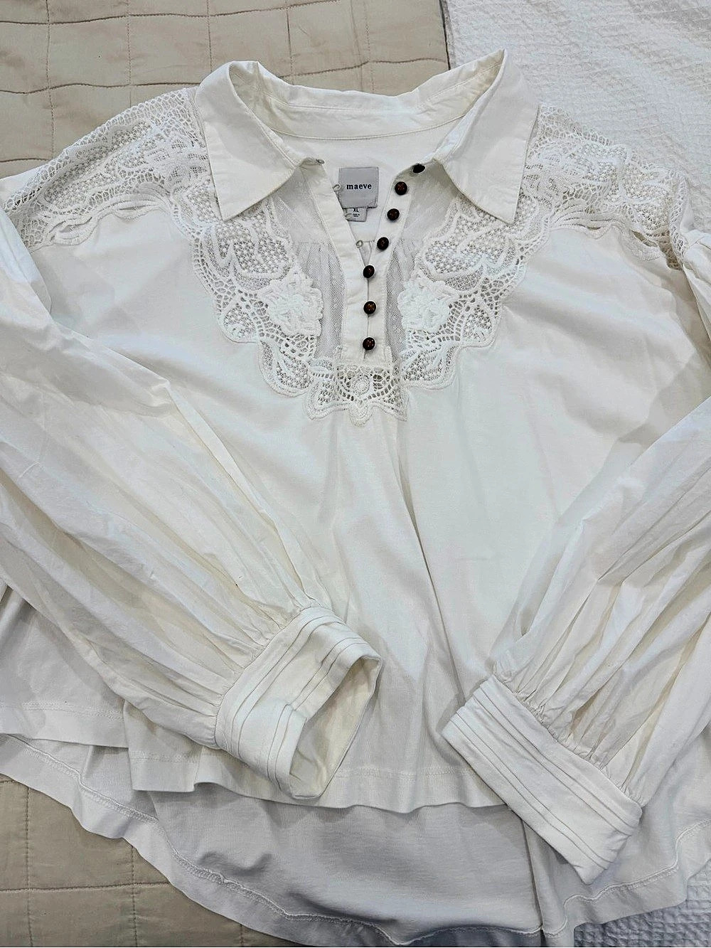 Anthropologie maeve Lace Placket Blouse White Lace Detail Blouse Size X Large